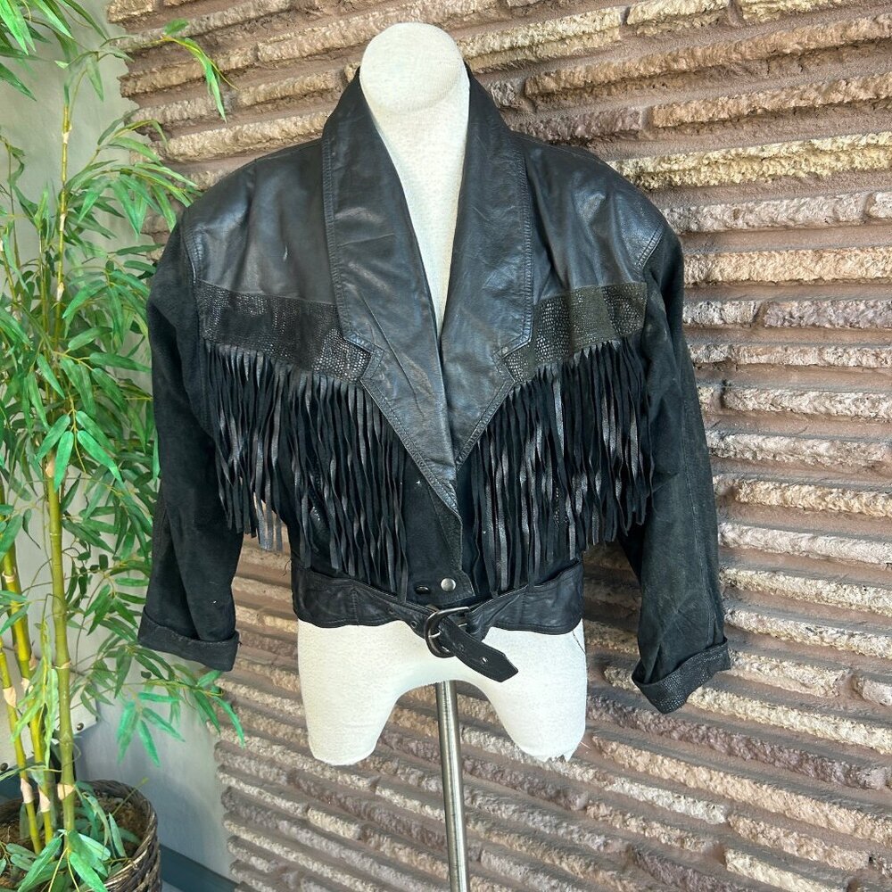 Winlit Vintage 80s Western Cowgirl Jacket Black Leather With Fringe - Picture 12 of 13